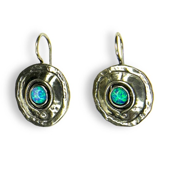 Handmade Jewelry - Sterling Silver Blue Fire Opal Inlay Earrings Vintage Handmade Native American